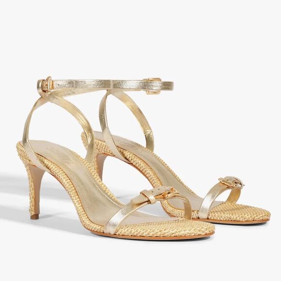 SCHUTZ Shoes - New SCHUTZ Aurora Mid Heel Sandal Women's SIZE 9.5 Gold Metalic Napa Platina